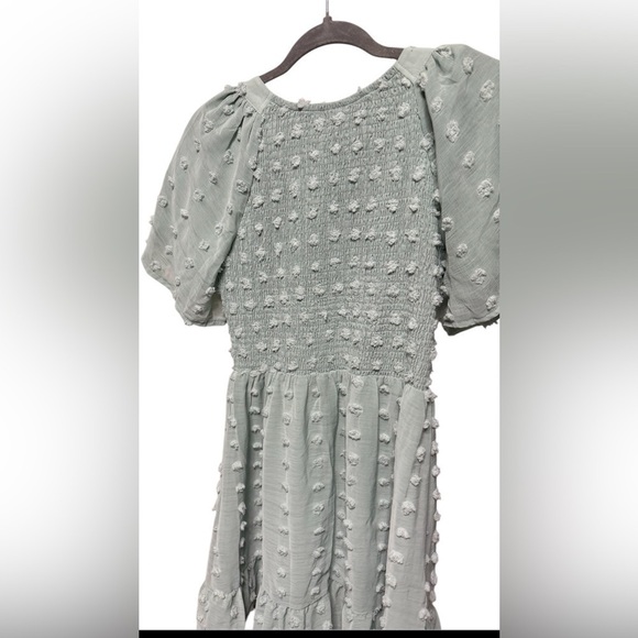 Smocked Dress Short Flutter Sleeve V Neck Swiss Dot Babydoll Ruffle Dress - Picture 2 of 2